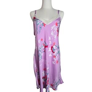 Josie‎ Natori Floral Lace Trim Slip Dress Lingerie Nightgown Sleepwear Purple